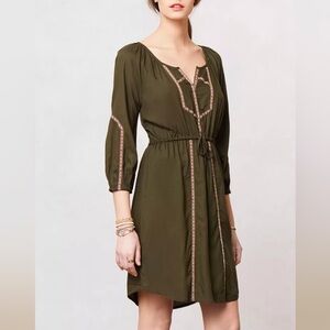 Anthropologie Edme and Esyllte Olive Peasant Boho  Dress Ribbon Trim cottage M